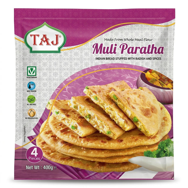 Taj Frozen Muli Paratha by Taj Frozen — front view showing product label and branding, studio product photo on white background