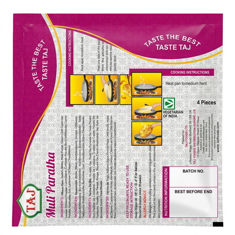 Taj Frozen Muli Paratha by Taj Frozen — back view showing ingredients and product details, studio product photo on white background