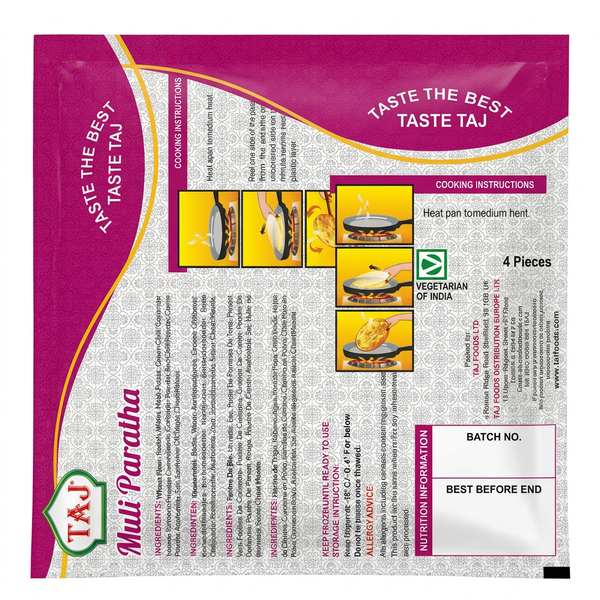 Taj Frozen Muli Paratha by Taj Frozen — back view showing ingredients and product details, studio product photo on white background