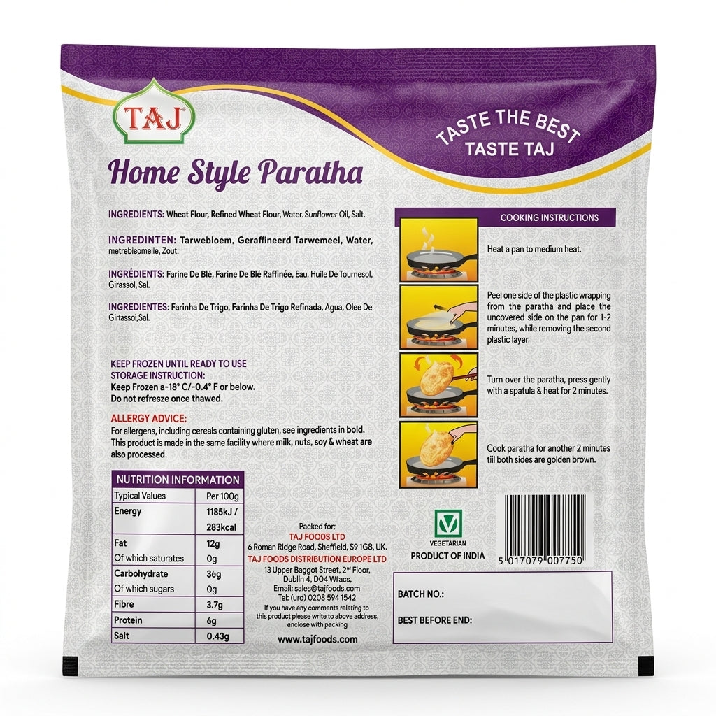 Taj Frozen Homestyle Paratha by Taj Frozen — back view showing ingredients and product details, studio product photo on white background