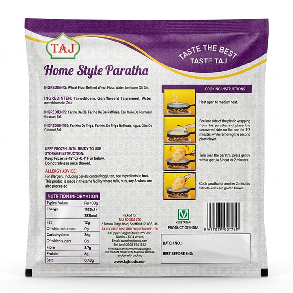 Taj Frozen Homestyle Paratha by Taj Frozen — back view showing ingredients and product details, studio product photo on white background