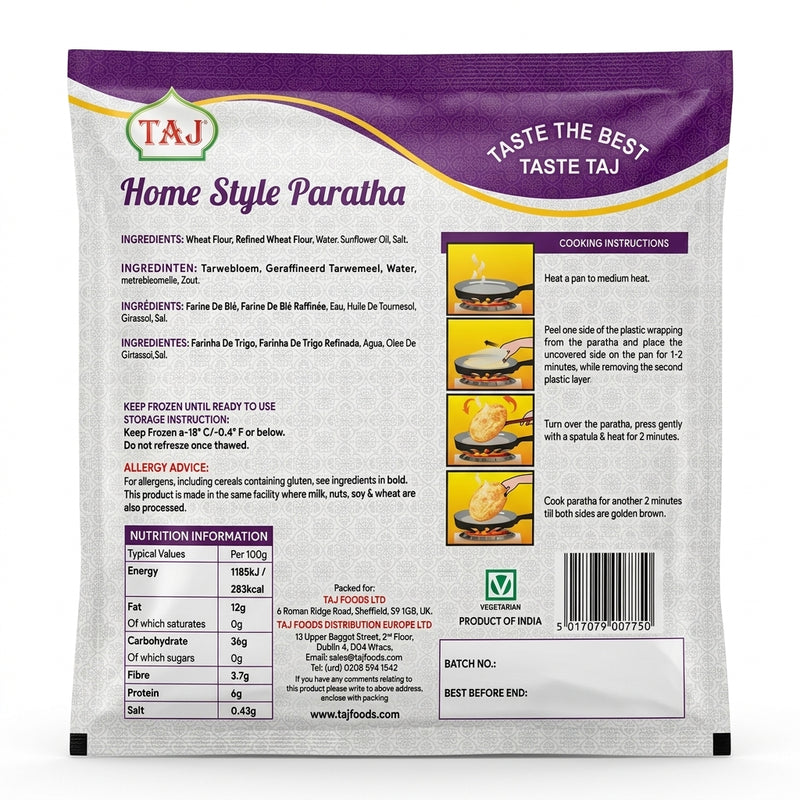 Taj Frozen Homestyle Paratha by Taj Frozen — back view showing ingredients and product details, studio product photo on white background