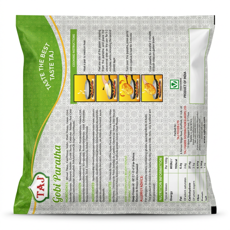 Taj Frozen Gobi Paratha by Taj Frozen — back view showing ingredients and product details, studio product photo on white background