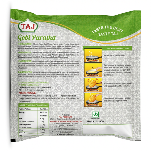 Taj Frozen Gobi Paratha by Taj Frozen — back view showing ingredients and product details, studio product photo on white background