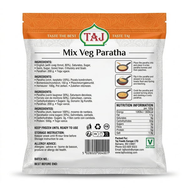 Taj Frozen Mix Veg Paratha by Taj Frozen — back view showing ingredients and product details, studio product photo on white background