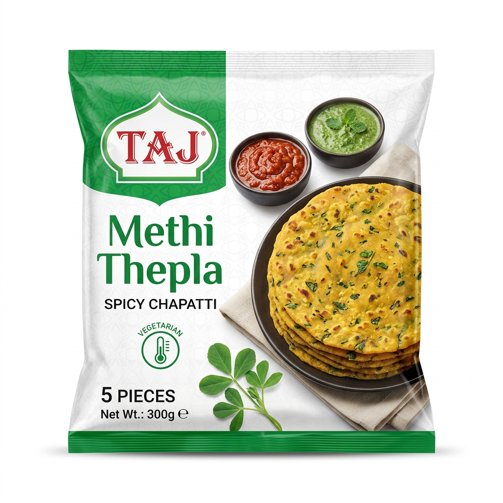 Taj Frozen Methi Thepla by Taj Frozen — front view showing product label and branding, studio product photo on white background
