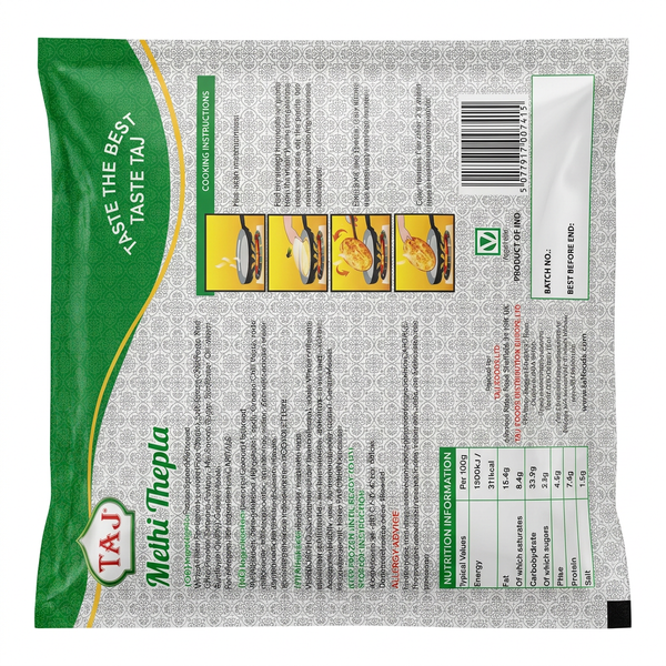 Taj Frozen Methi Thepla by Taj Frozen — back view showing ingredients and product details, studio product photo on white background