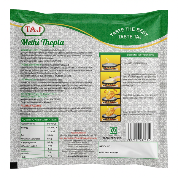 Taj Frozen Methi Thepla by Taj Frozen — back view showing ingredients and product details, studio product photo on white background