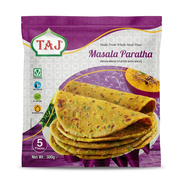 Taj Frozen Masala Paratha by Taj Frozen — front view showing product label and branding, studio product photo on white background