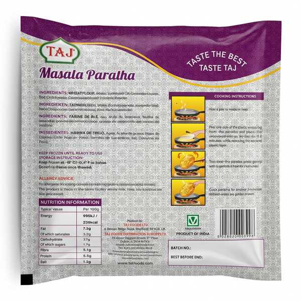 Taj Frozen Masala Paratha by Taj Frozen — back view showing ingredients and product details, studio product photo on white background