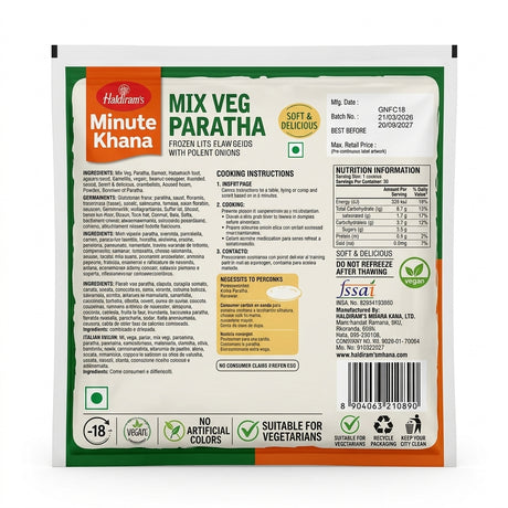 Haldirams Frozen Mix Veg Paratha by Haldirams Frozen — back view showing ingredients and product details, studio product photo on white background