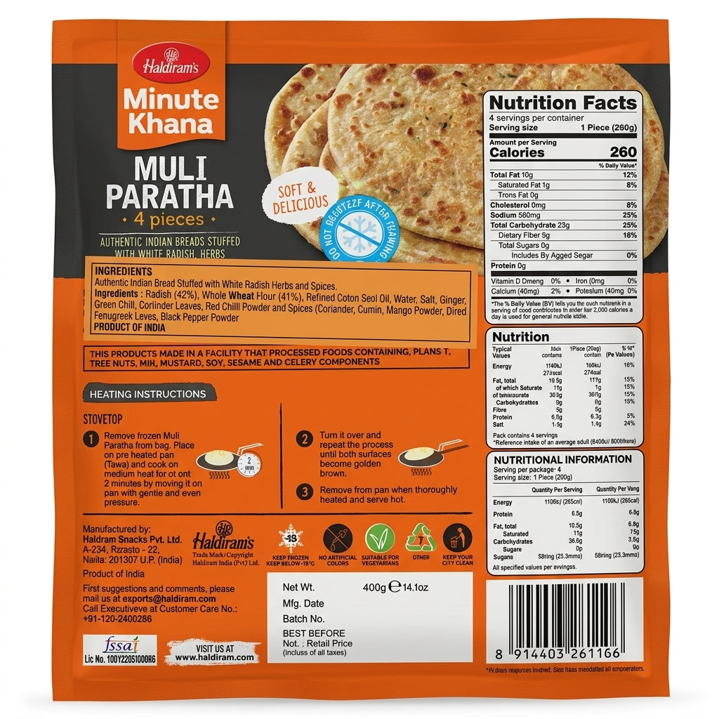 Haldirams Frozen Muli Paratha by Haldirams Frozen — back view showing ingredients and product details, studio product photo on white background