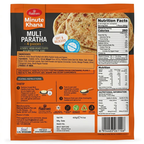 Haldirams Frozen Muli Paratha by Haldirams Frozen — back view showing ingredients and product details, studio product photo on white background