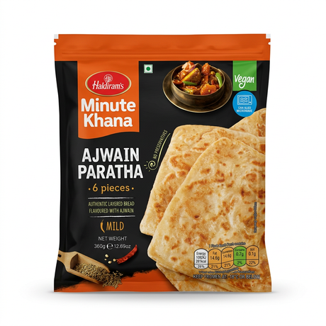 Haldirams Frozen Ajwain Paratha by Haldirams Frozen — front view showing product label and branding, studio product photo on white background