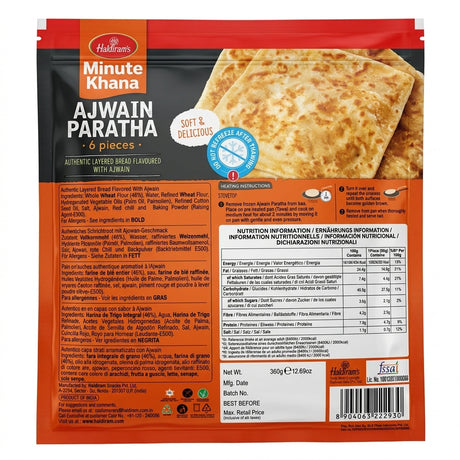 Haldirams Frozen Ajwain Paratha by Haldirams Frozen — back view showing ingredients and product details, studio product photo on white background