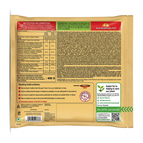 Aashirvaad Frozen Mix Veg Paratha by Aashirvaad Frozen — back view showing ingredients and product details, studio product photo on white background