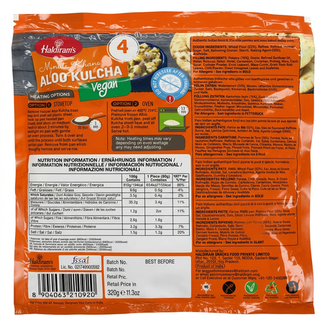 Haldirams Frozen Aloo Kulcha by Haldirams Frozen — back view showing ingredients and product details, studio product photo on white background
