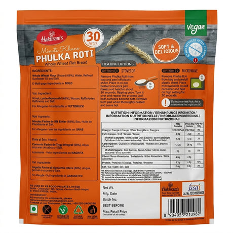 Haldirams Frozen Phulka Roti by Haldirams Frozen — back view showing ingredients and product details, studio product photo on white background