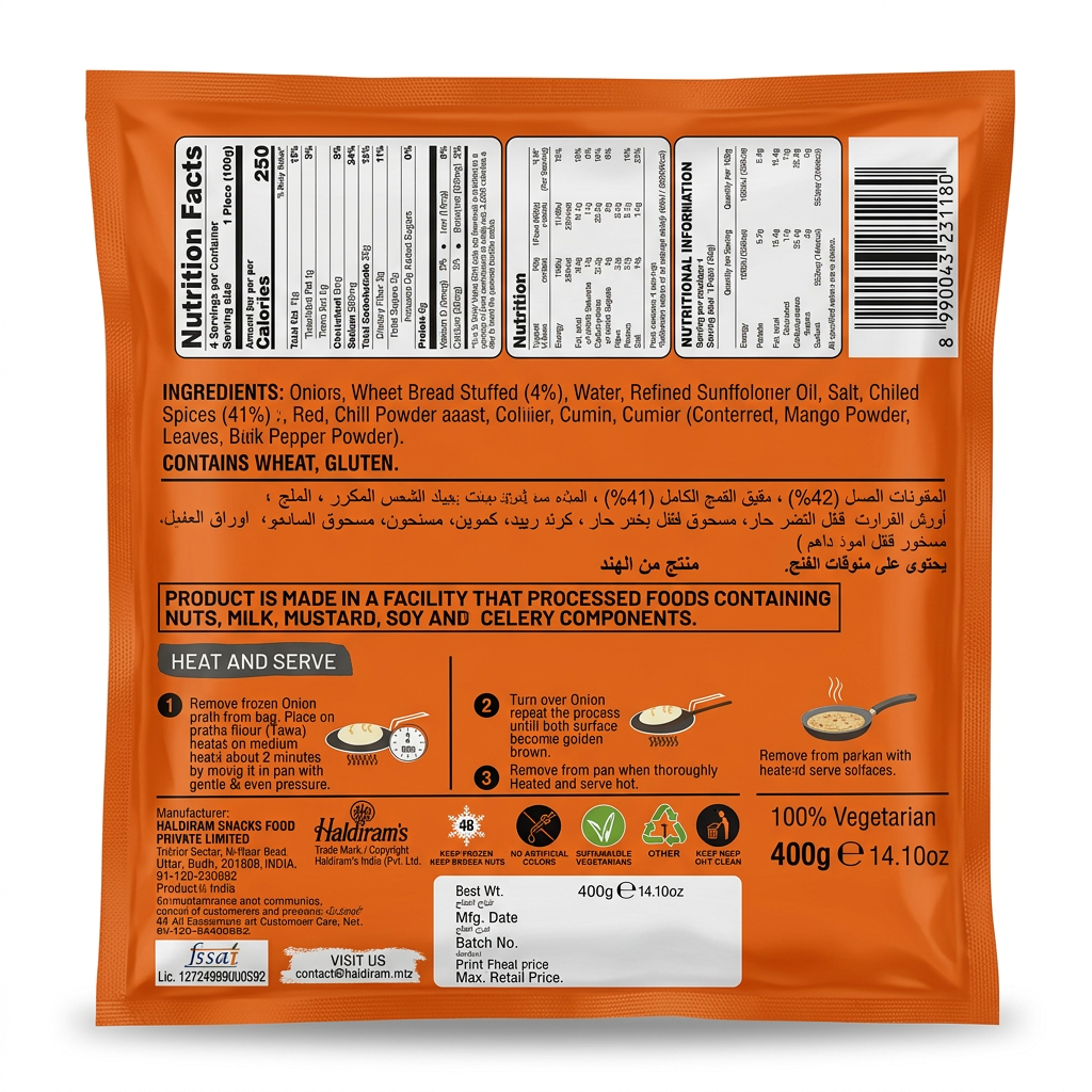 Haldirams Frozen Onion Paratha by Haldirams Frozen — back view showing ingredients and product details, studio product photo on white background