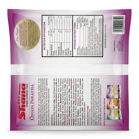 Shana Frozen Onion Paratha by Shana Frozen — back view showing ingredients and product details, studio product photo on white background