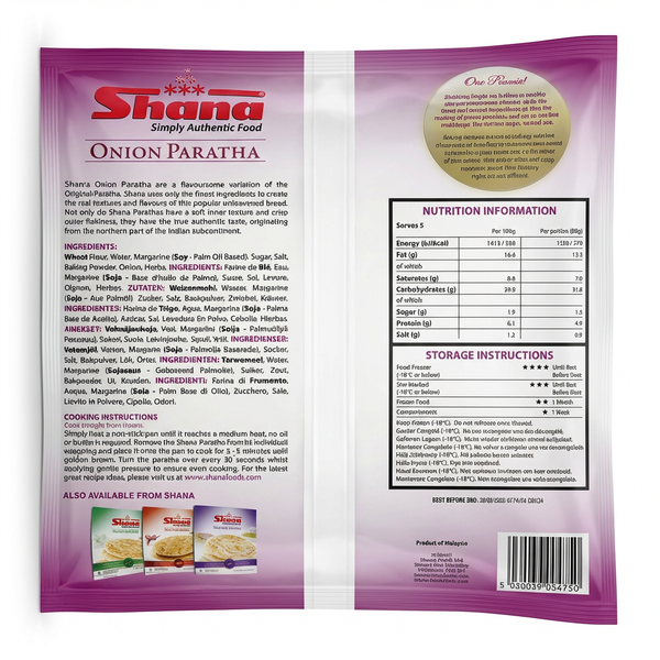 Shana Frozen Onion Paratha by Shana Frozen — back view showing ingredients and product details, studio product photo on white background