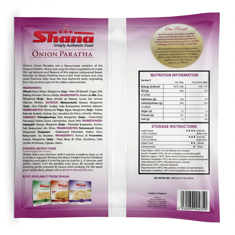 Shana Frozen Onion Paratha by Shana Frozen — back view showing ingredients and product details, studio product photo on white background