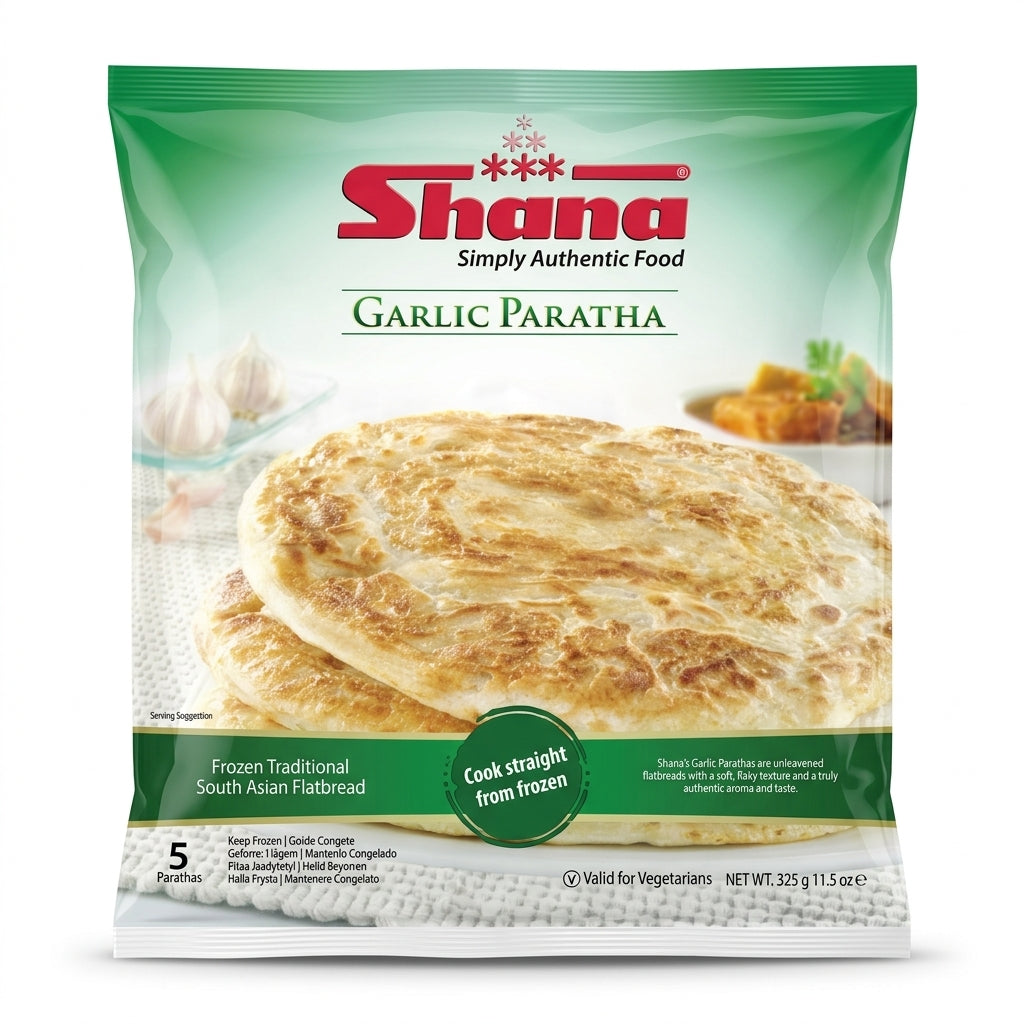 Shana Frozen Garlic Paratha by Shana Frozen — front view showing product label and branding, studio product photo on white background