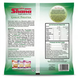 Shana Frozen Garlic Paratha by Shana Frozen — back view showing ingredients and product details, studio product photo on white background