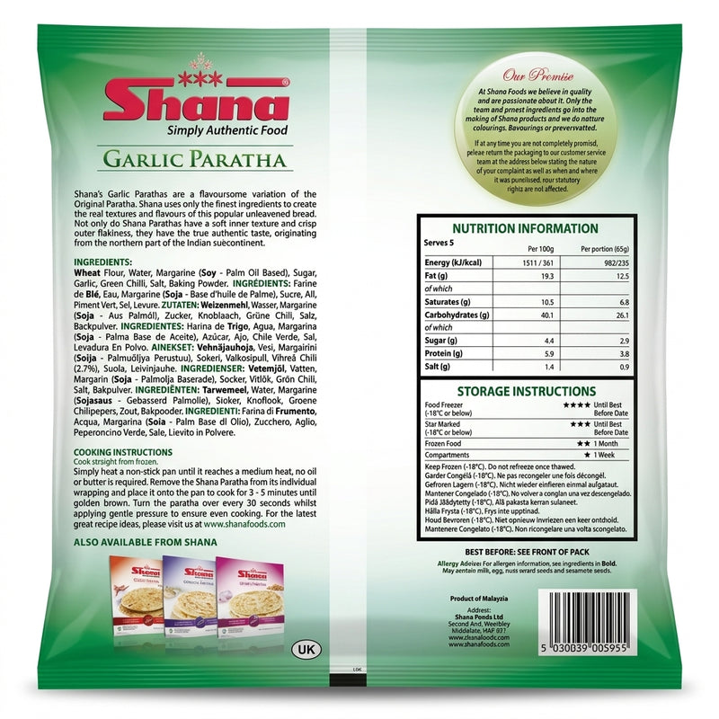 Shana Frozen Garlic Paratha by Shana Frozen — back view showing ingredients and product details, studio product photo on white background