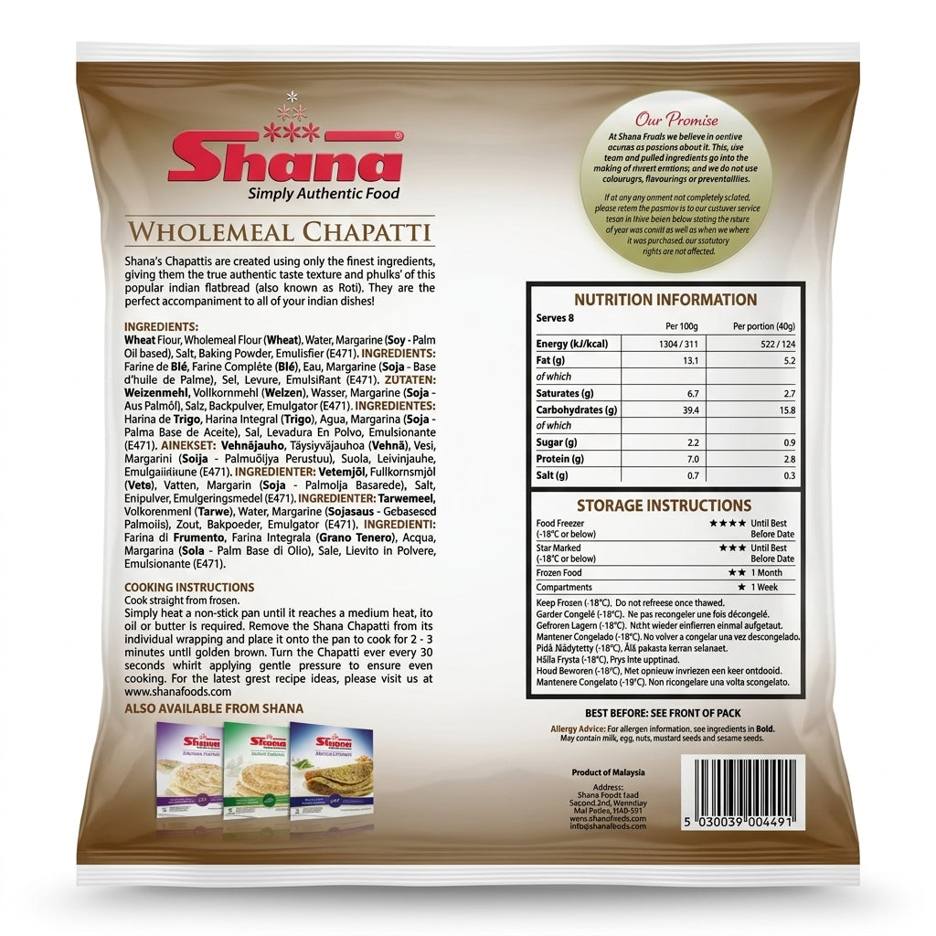 Shana Frozen Wholemeal Chapatti by Shana Frozen — back view showing ingredients and product details, studio product photo on white background