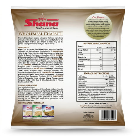Shana Frozen Wholemeal Chapatti by Shana Frozen — back view showing ingredients and product details, studio product photo on white background