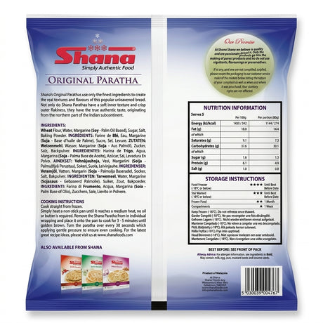 Shana Frozen Original (Plain) Paratha by Shana Frozen — back view showing ingredients and product details, studio product photo on white background