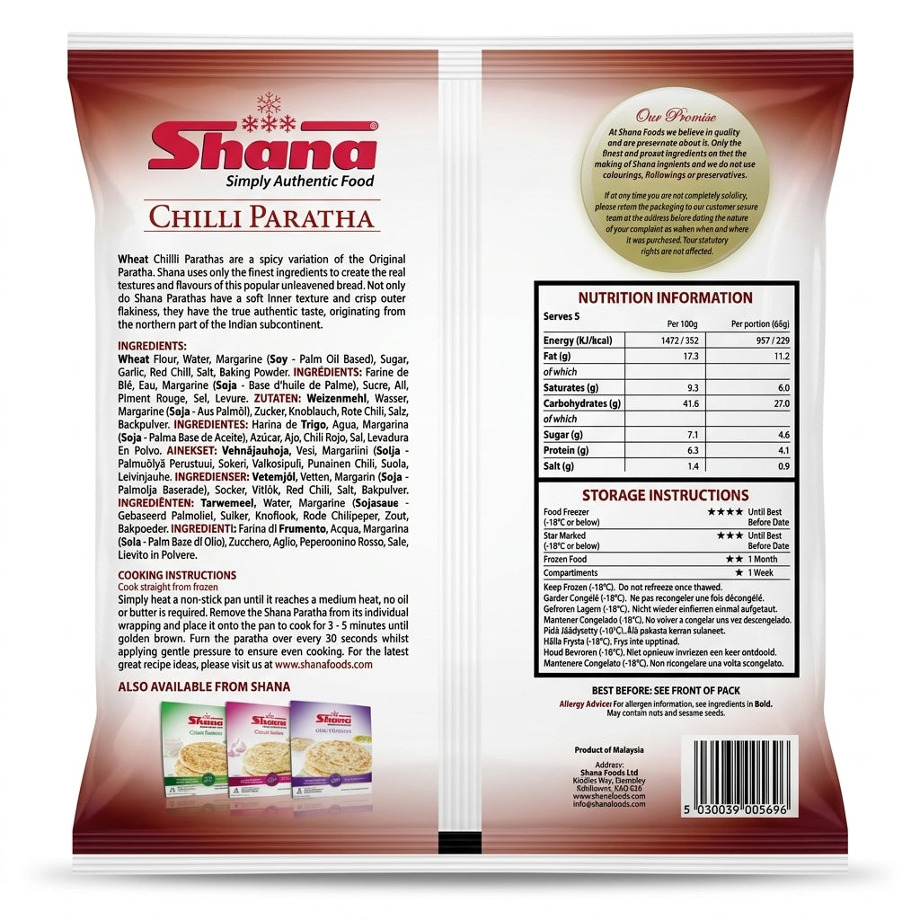 Shana Frozen Chilli Paratha by Shana Frozen — back view showing ingredients and product details, studio product photo on white background
