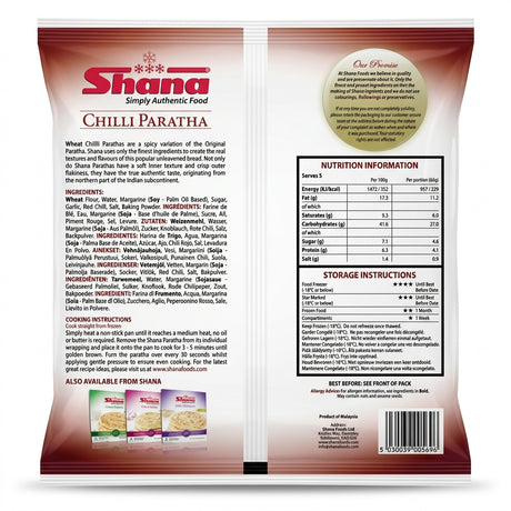 Shana Frozen Chilli Paratha by Shana Frozen — back view showing ingredients and product details, studio product photo on white background