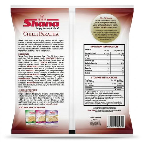 Shana Frozen Chilli Paratha by Shana Frozen — back view showing ingredients and product details, studio product photo on white background