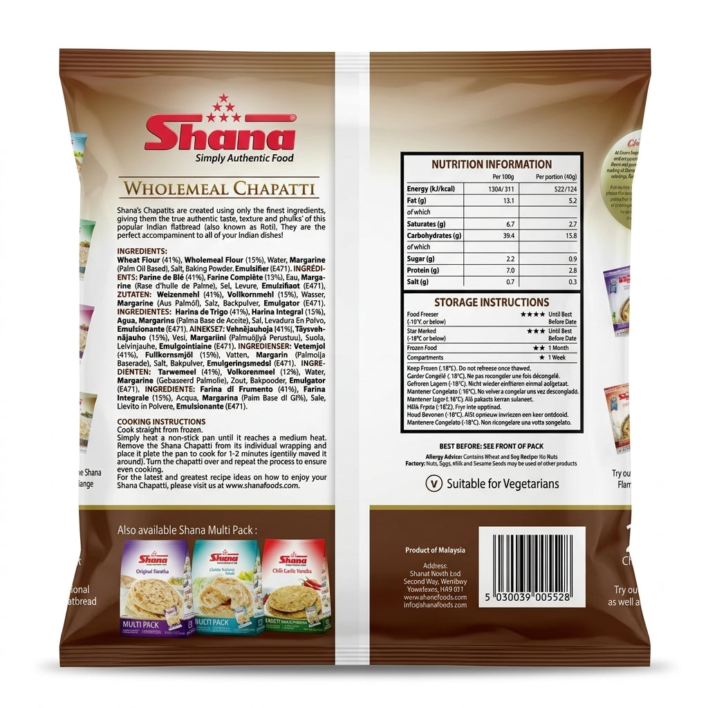 Shana Frozen Wholemeal Chapatti by Shana Frozen — back view showing ingredients and product details, studio product photo on white background