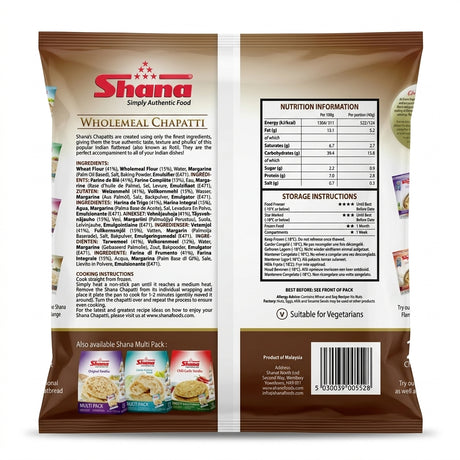 Shana Frozen Wholemeal Chapatti by Shana Frozen — back view showing ingredients and product details, studio product photo on white background