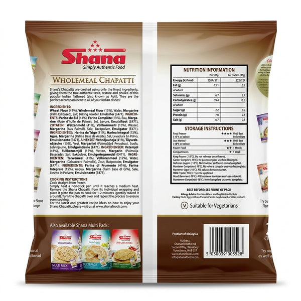 Shana Frozen Wholemeal Chapatti by Shana Frozen — back view showing ingredients and product details, studio product photo on white background