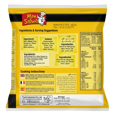 Mon Salwa Frozen Whole Wheat Paratha by Mon Salwa Frozen — back view showing ingredients and product details, studio product photo on white background