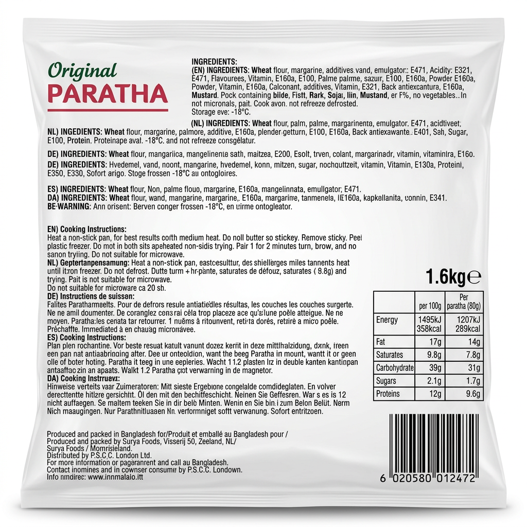 Humza Frozen Original Paratha by Humza Frozen — back view showing ingredients and product details, studio product photo on white background