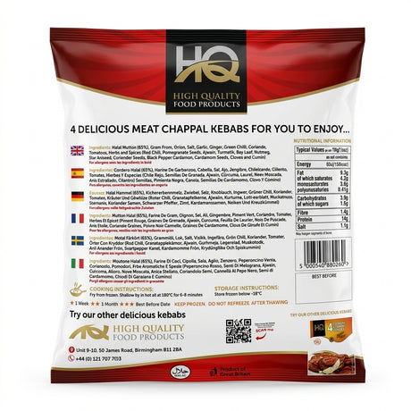 HQ Frozen Meat Chappali Kebabs by HQ Frozen — back view showing ingredients and product details, studio product photo on white background