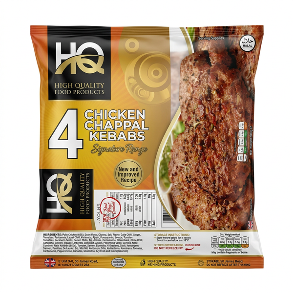 HQ Frozen Chicken Chapali Kebab by HQ Frozen — front view showing product label and branding, studio product photo on white background