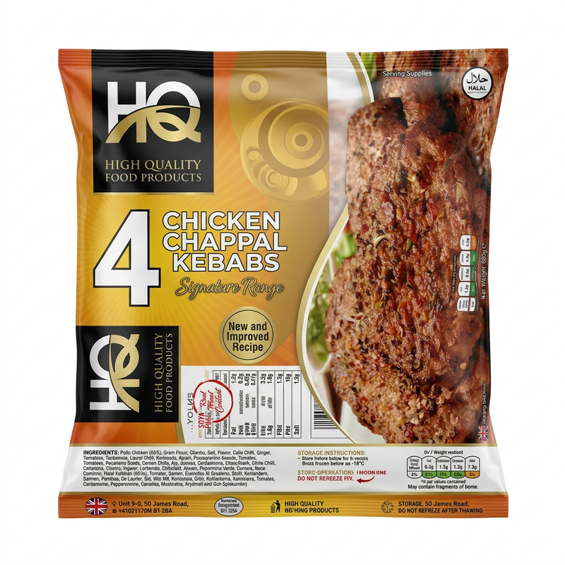 HQ Frozen Chicken Chapali Kebab by HQ Frozen — front view showing product label and branding, studio product photo on white background