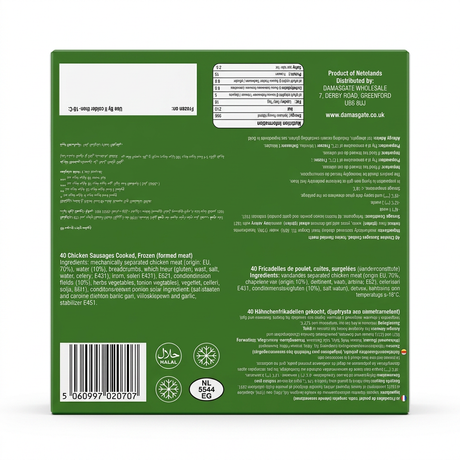 Zaad Frozen Chicken Sausages by Zaad Frozen — back view showing ingredients and product details, studio product photo on white background