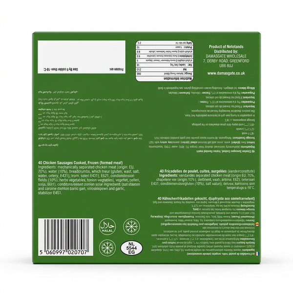 Zaad Frozen Chicken Sausages by Zaad Frozen — back view showing ingredients and product details, studio product photo on white background