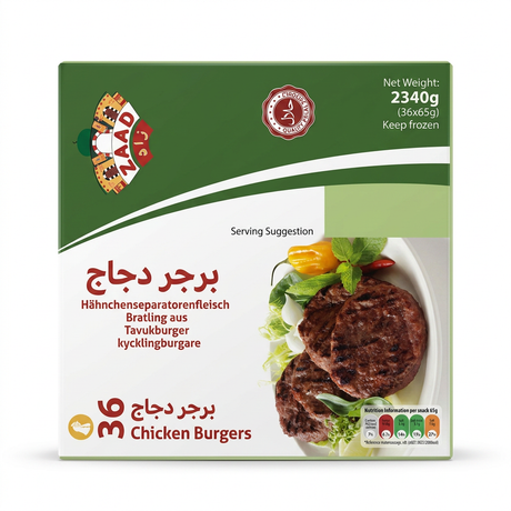 Zaad Frozen Chicken Burgers by Zaad Frozen — front view showing product label and branding, studio product photo on white background