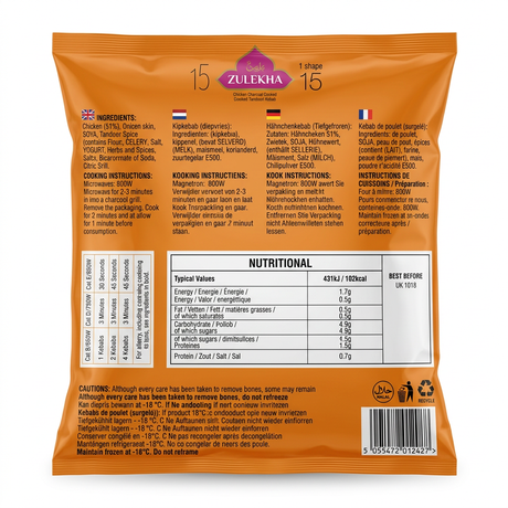 Zulekha Frozen Charcoal Cooked Tandoori Kebab by Zulekha Frozen — back view showing ingredients and product details, studio product photo on white background