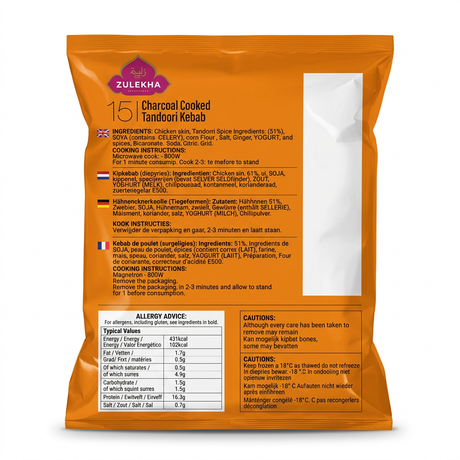 Zulekha Frozen Charcoal Cooked Tandoori Kebab by Zulekha Frozen — back view showing ingredients and product details, studio product photo on white background