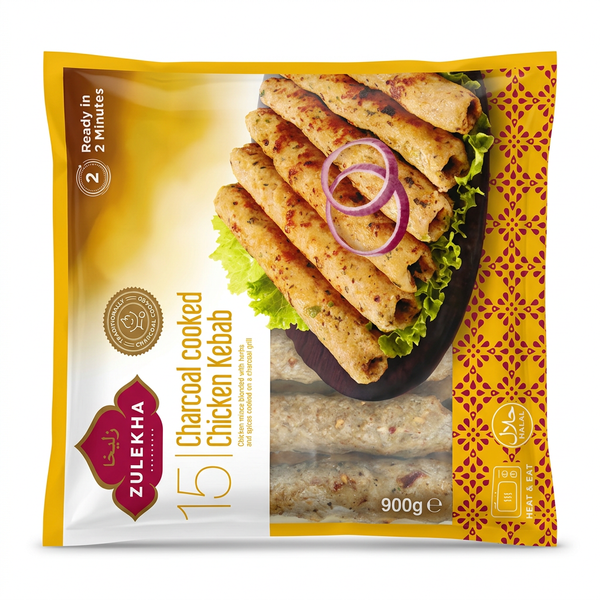 Zulekha Frozen Charcoal Cooked Chicken Kebabs by Zulekha Frozen — front view showing product label and branding, studio product photo on white background