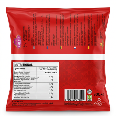 Zulekha Frozen Charcoal Cooked Lamb Kebabs by Zulekha Frozen — back view showing ingredients and product details, studio product photo on white background